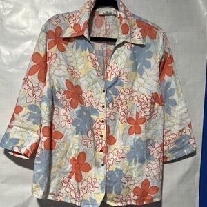 Vintage Ralsey Floral 100% Linen Snap Front Blouse / Blazer Blue Orange Size 1X
